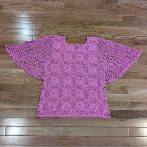 Hand-Knit Magenta Floral Crochet Batwing Top